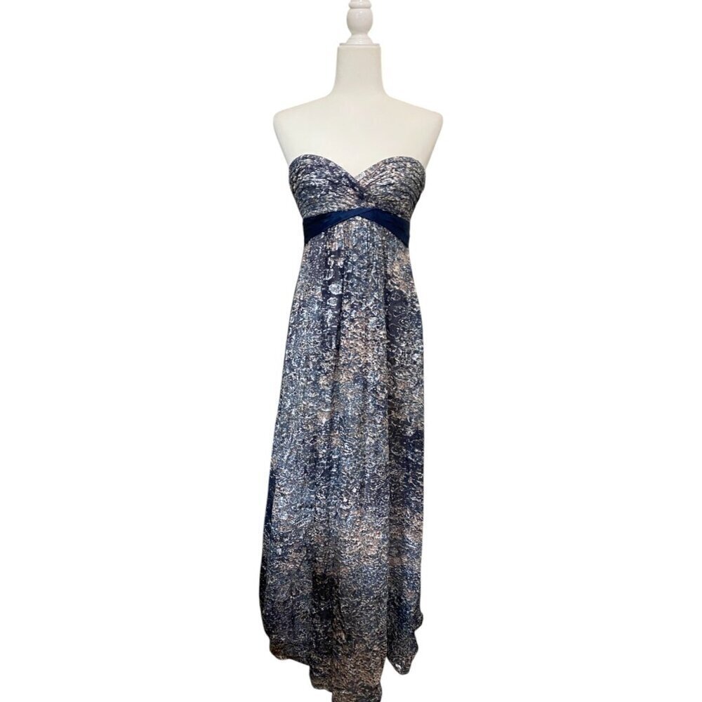 BcbgMaxazria Silk Abstract Floral Print Empire Maxi Long Dress Chiffon Gown Navy - Picture 2 of 11